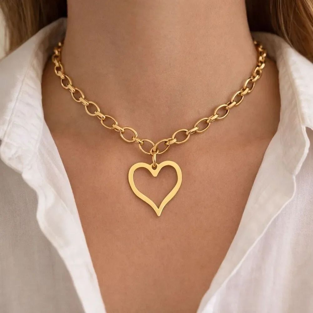 Zara Modern Gold Tone Open Heart Pendant Necklace Chunky Chain Minimalist